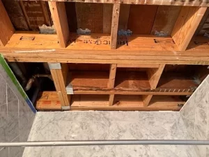 Exposed wooden structure during bathroom mold remediation in Piedmont, CA