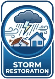 Blue emblem featuring a storm cloud with lightning bolts, rain, wind gusts, and a house with damaged roof tiles above bold text reading STORM RESTORATION